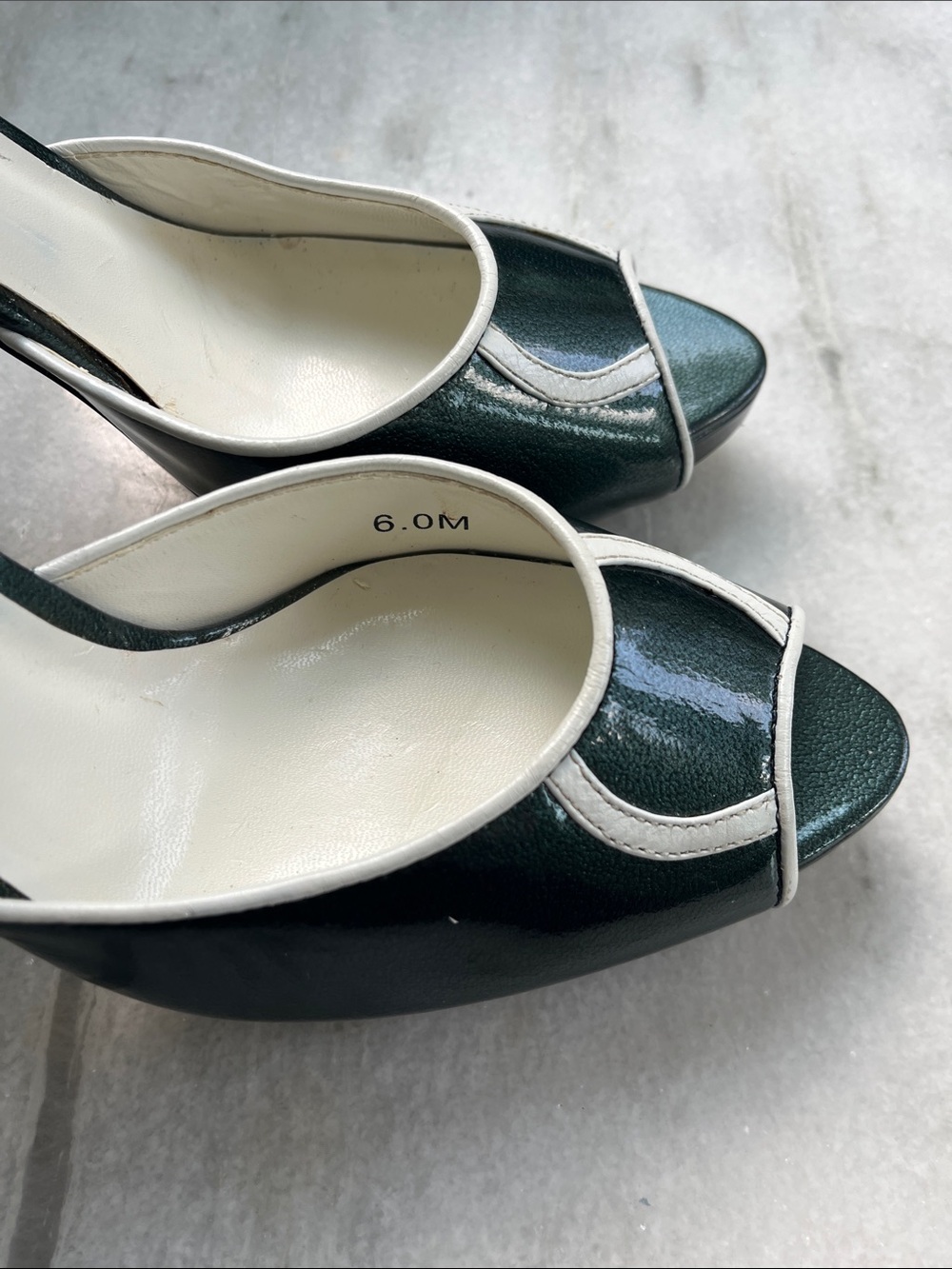 Nascar Dark Green Peep-Toe Ankle Strap Heels with White Trim - Picture 8 of 15